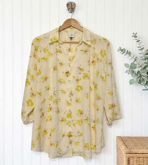CAbi Womens XL Floral Button Down Tunic Blouse Yellow Cream Long Sleeve
